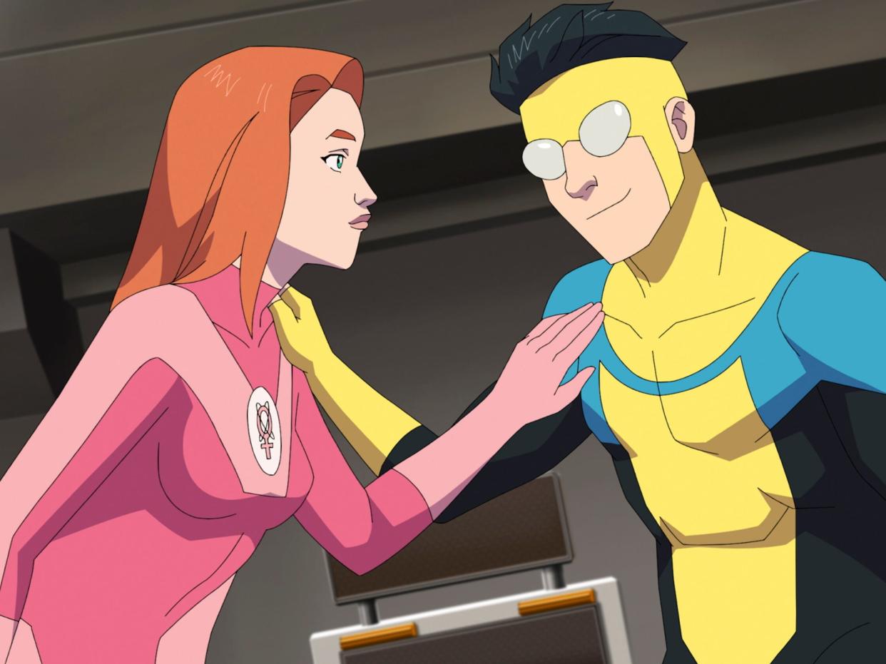 Samantha Wilkins/Atom Eve (voiced by Gillian Jacobs) and Mark Grayson/Invincible (Steven Yeun) on season two of the animated show "Invincible."