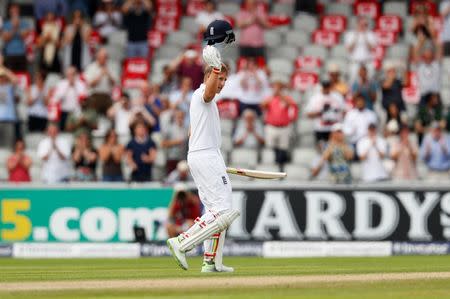 Britain Cricket - England v Pakistan - Second Test - Emirates Old Trafford - 23/7/16 England's Joe Root celebrates scoring a double century Action Images via Reuters / Jason Cairnduff Livepic