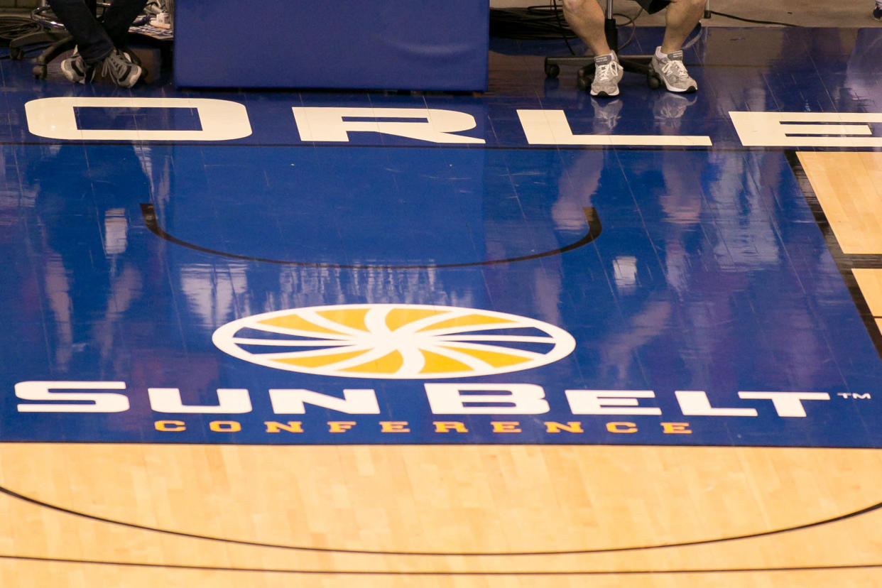 March 12, 2015 - Sun Belt Conference logo during the game between Arkansas Little Rock and South Alabama at the Lakefront Arena in New Orleans, LA. South Alabama defeated Arkansas Little Rock 57-55. (Photo by Stephen Lew/Icon Sportswire/Corbis via Getty Images)