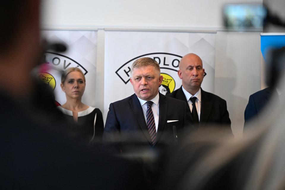 Slovak prime minister Robert Fico speaks during a press conference, before a shooting incident where he was wounded, in Handlova, Slovakia, 15 May 2024 (Reuters)