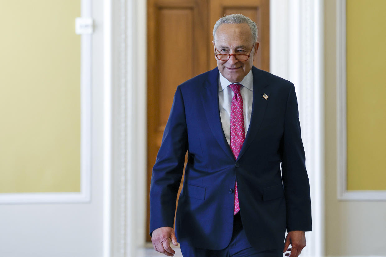 WASHINGTON, DC - JUNE 01: U.S. Senate Majority Leader Chuck Schumer (D-NY) walks to the Senate Chambers in the U.S. Capitol Building on June 01, 2023 in Washington, DC. The Senate is expected to take up The Fiscal Responsibility Act, legislation negotiated between the White House and House Republicans to raise the debt ceiling until 2025 and avoid a federal default. The House passed the bill last night with a bipartisan vote of 314-117. (Photo by Anna Moneymaker/Getty Images)