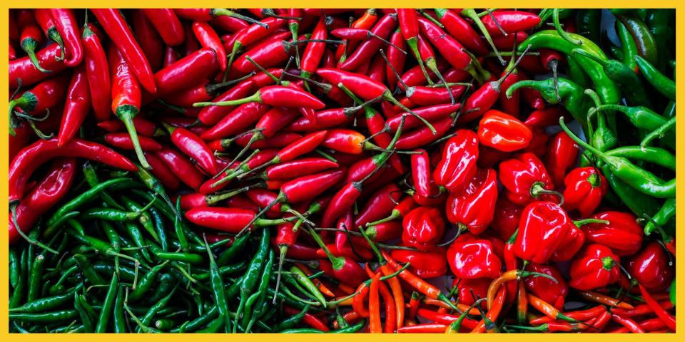 <p>Let's talk peppers. They come in different shapes, sizes, and flavors, and can be hot, sweet, spicy, and mild. Peppers are the fruit from a flowering plant in the nightshade family. Despite all the varieties out there, every pepper is in the biological classification Capsicum. Peppers are used in just about every cuisine in the world, from green chile in Indian <a href="https://www.delish.com/cooking/recipe-ideas/a27423175/easy-coconut-curry-chicken-recipe/" rel="nofollow noopener" target="_blank" data-ylk="slk:curry;elm:context_link;itc:0;sec:content-canvas" class="link ">curry</a> to red chile in Korean <a href="https://www.delish.com/cooking/recipe-ideas/a40542262/kimchi-recipe/" rel="nofollow noopener" target="_blank" data-ylk="slk:kimchi;elm:context_link;itc:0;sec:content-canvas" class="link ">kimchi</a> to the <a href="https://www.delish.com/cooking/recipe-ideas/recipes/a51467/easy-homemade-salsa-recipe/" rel="nofollow noopener" target="_blank" data-ylk="slk:spicy salsas;elm:context_link;itc:0;sec:content-canvas" class="link ">spicy salsas</a> of Mexico. </p><p>A pepper's heat is measured using the Scoville scale. Peppers with no heat, like bell peppers, are zero Scoville heat units, while some of the world's spiciest peppers are three million units. </p><p>Zero to 4,000 units is considered mild; 4,000 to 15,000 is medium; 15,000 to 50,000 is hot; and 50,000 plus is absolutely on fire. A pepper's heat is mostly held in the seeds and ribs, so if you cut those out, the pepper will add less spice to the dish. </p><p>To give us the scoop on peppers, we chatted with Robert Schueller of <a href="https://www.melissas.com/" rel="nofollow noopener" target="_blank" data-ylk="slk:produce distributor Melissa's;elm:context_link;itc:0;sec:content-canvas" class="link ">produce distributor Melissa's</a>. He wrote a book for the brand called <em><a href="https://www.amazon.com/Melissas-Great-Pepper-Cookbook-ultimate/dp/0848704312?tag=syn-yahoo-20&ascsubtag=%5Bartid%7C1782.g.40809854%5Bsrc%7Cyahoo-us" rel="nofollow noopener" target="_blank" data-ylk="slk:The Great Pepper Cookbook.;elm:context_link;itc:0;sec:content-canvas" class="link ">The Great Pepper Cookbook.</a> </em>After all, there are thousands of types of peppers out there—plenty to write an entire cookbook about. </p><p>Below, we list all the common types of peppers by their Scoville heat unit and recommend some recipes you can use them in. </p>