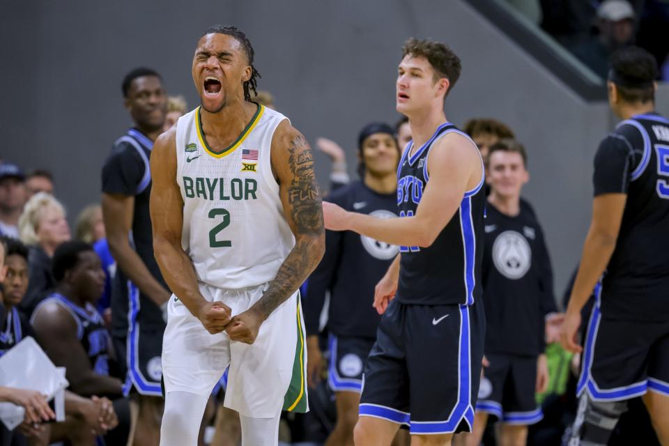 Baylor guard Jayden Nunn reacts during game against BYU, Tuesday, Jan. 9, 2024, in Waco, Texas. Baylor won 81-72. | Gareth Patterson, Associated Press