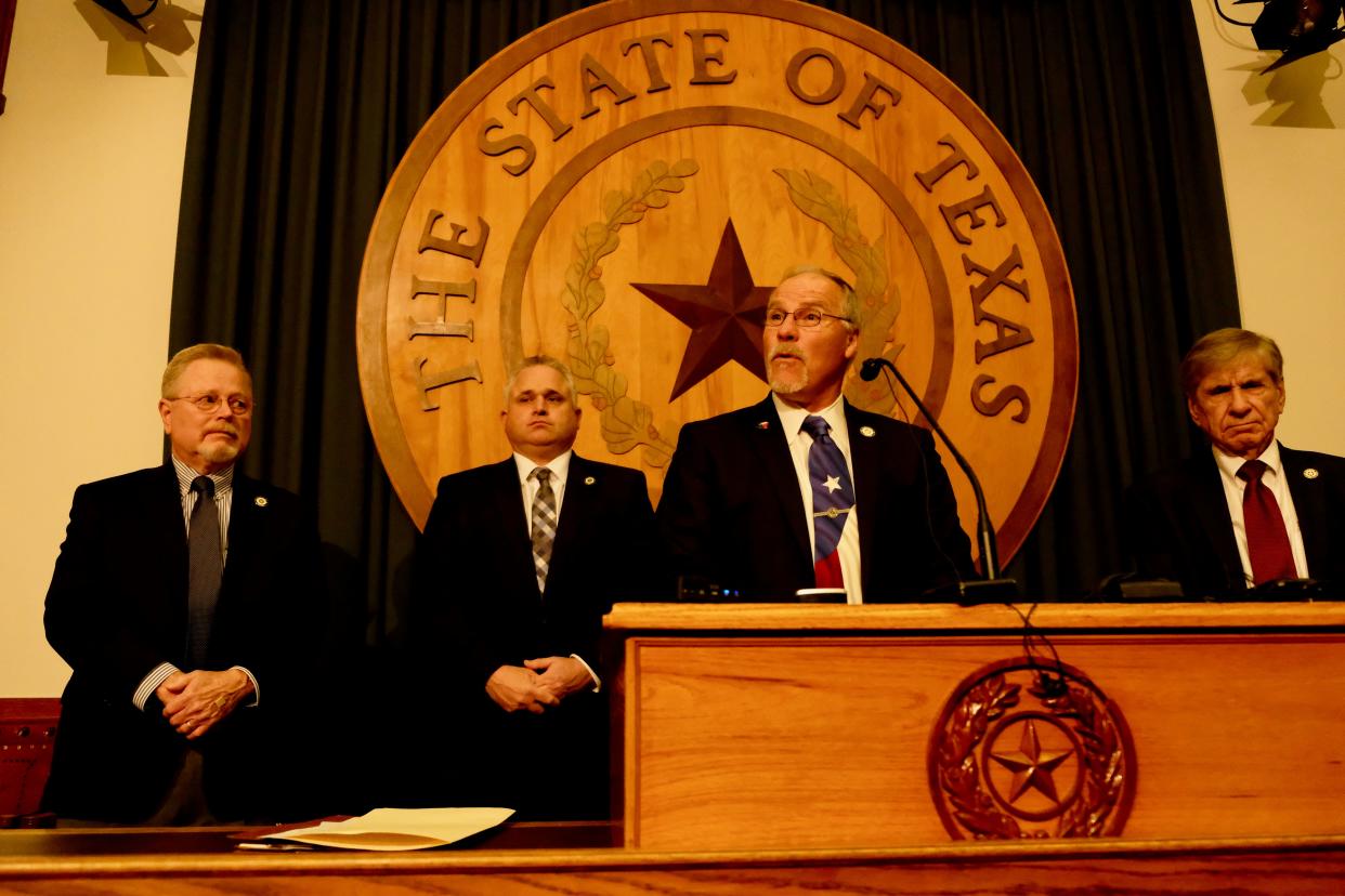 State Rep. Kyle Biedermann, R-Fredericksburg, at a May 2021 news conference acknowledging his bill calling for referendum on Texas secession would not pass during that year's regular session. Bill supporters included, left to right, Reps. Jeff Cason,, R-Bedford, Bryan Slaton, R-Royse City and Phil Stephenson, R-Wharton