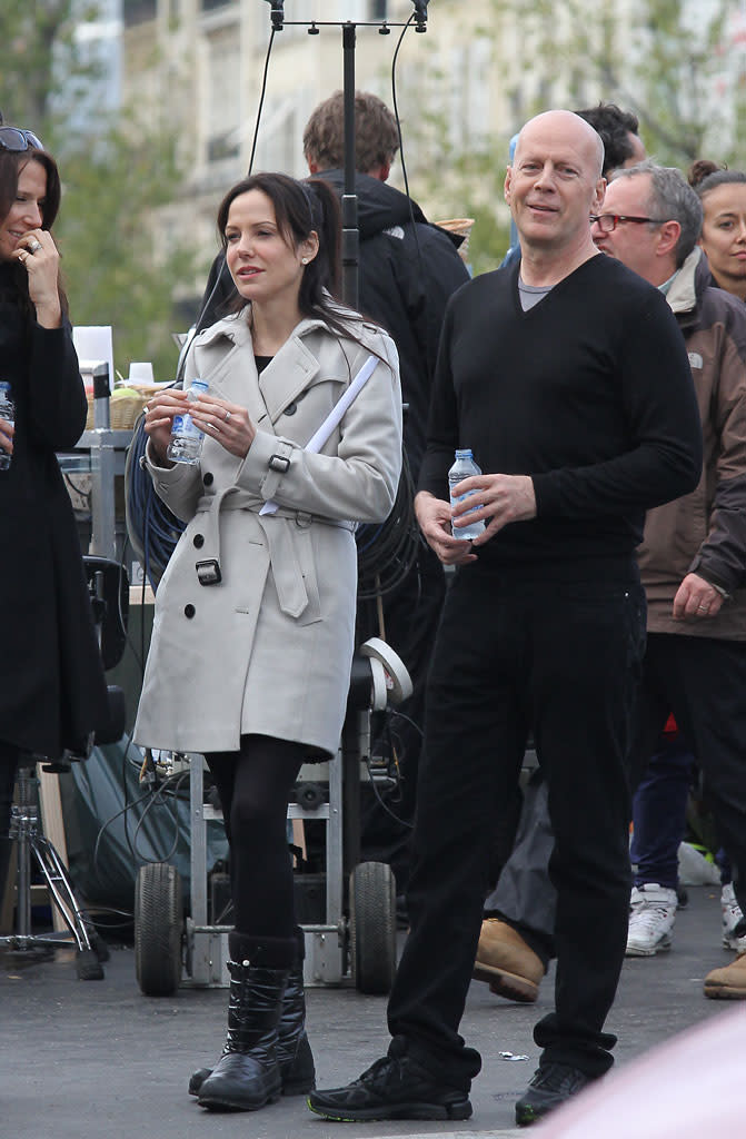 Mary Louise Parker and Bruce Willis are seen on the set of 'RED 2' on October 11, 2012 in Paris, France.