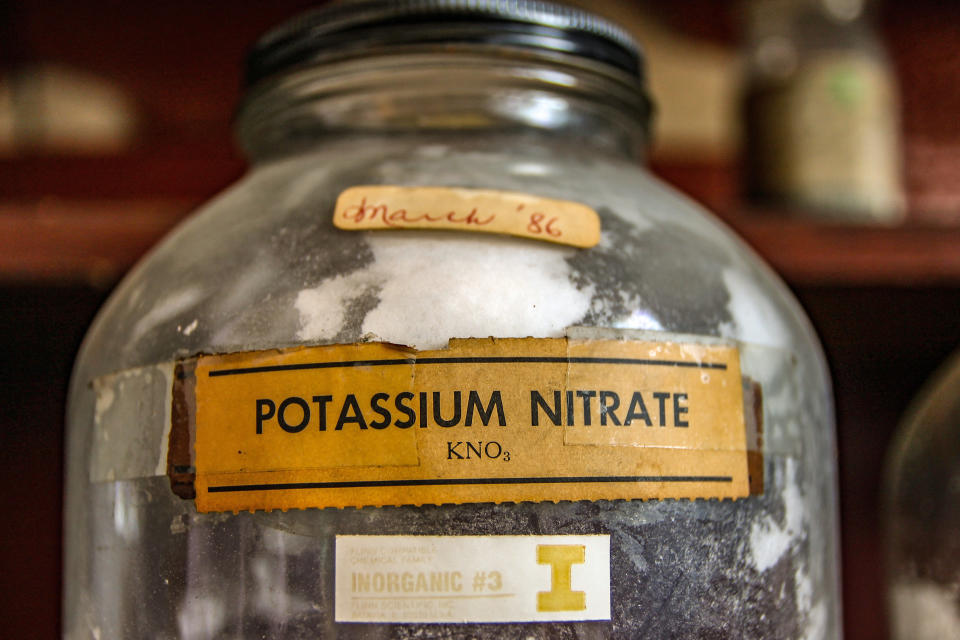 <p>An old label on an old bottle in the abandoned biology lab of the school. (Photo: Leland Kent/Caters News) </p>