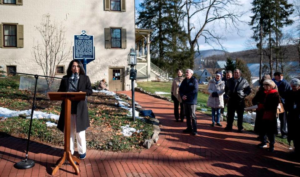 Penn State President Neeli Bendapudi talks about the history of Penn State after unveiling a new campus historical marker, “Birthplace of Penn State,” Thursday on the grounds of the Centre Furnace Mansion.