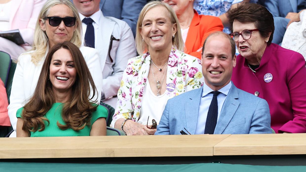 Prince William, Duke of Cambridge and Catherine, Duchess of Cambridge attend Wimbledon Championships Tennis Tournament at All England Lawn Tennis and Croquet Club on July 10, 2021 in London, England.