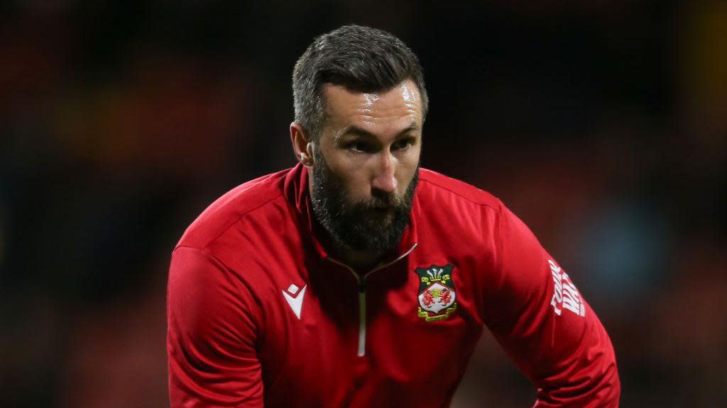 Ollie Palmer of Wrexham is playing in the Sky Bet League 2 match between Wrexham and Harrogate Town at the Glyndwr University Racecourse Stadium in Wrexham, on March 12, 2024