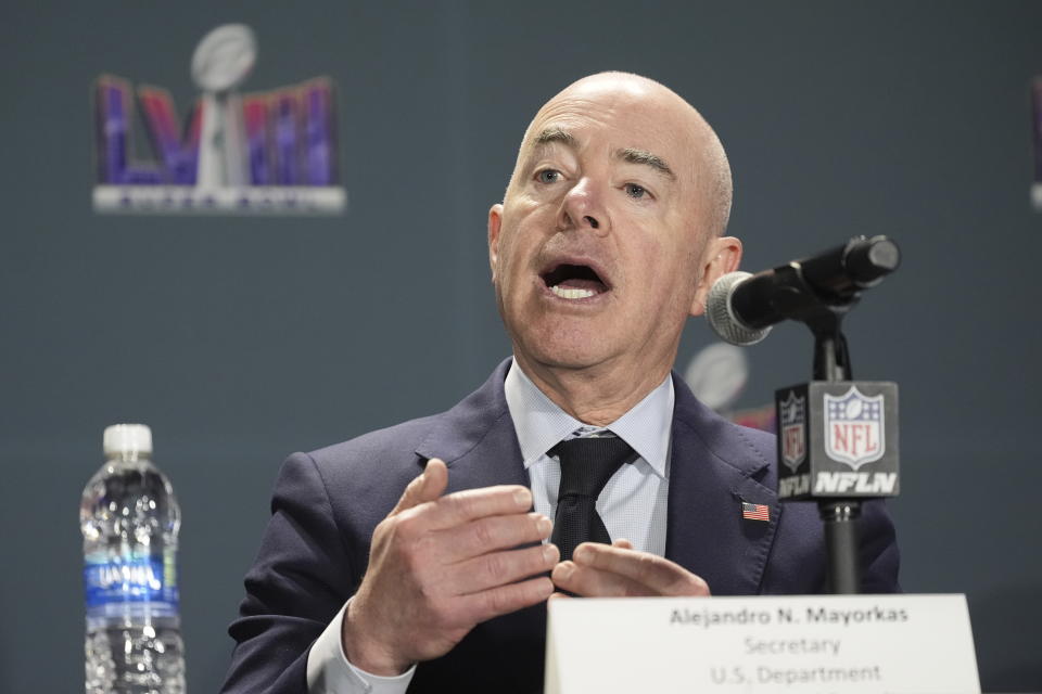 Homeland Security Secretary Alejandro Mayorkas speaks during a news conference about security for NFL's Super Bowl 58 football game, in Las Vegas, Wednesday, Feb. 7, 2024. (AP Photo/Alex Brandon)