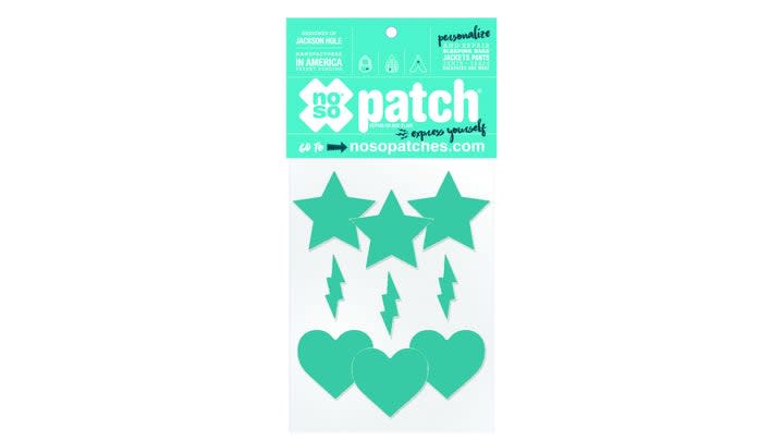Assortment of teal iron-on patches in different shapes