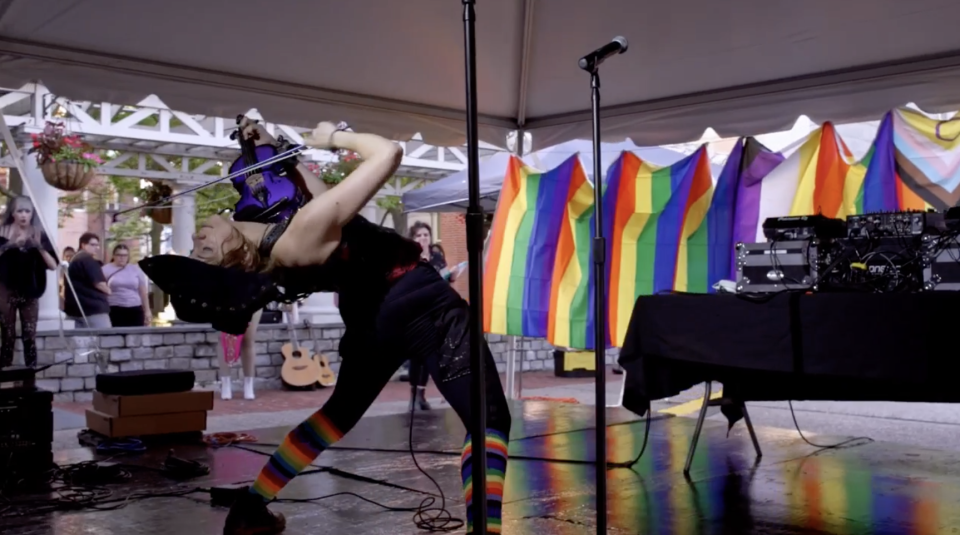 A performer at June's Pride block party hosted by the Queer Arts Council of New Bedford and Aha! New Bedford.