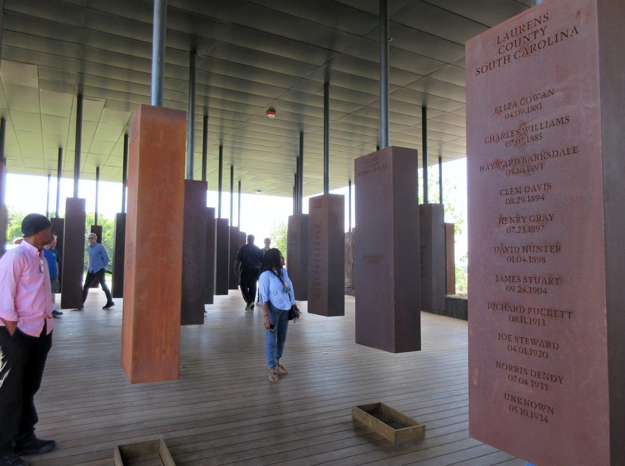 <span class="caption">The National Memorial for Peace and Justice in Montgomery, Alabama, documents the lynchings of more than 4,400 people between 1877 and 1950.</span> <span class="attribution"><a class="link " href="http://www.apimages.com/metadata/Index/Travel-Montgomery/df14efeeb28443cf953a1f2fc5d4b9d1/30/0" rel="nofollow noopener" target="_blank" data-ylk="slk:AP Photo/Beth J. Harpaz;elm:context_link;itc:0;sec:content-canvas">AP Photo/Beth J. Harpaz</a></span>