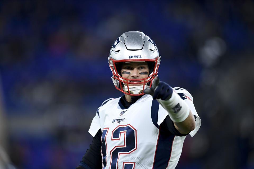 Nov 3, 2019; Baltimore, MD, USA; New England Patriots quarterback Tom Brady (12) smiles prior to the game against the Baltimore Ravens at M&T Bank Stadium. Mandatory Credit: Douglas DeFelice-USA TODAY Sports