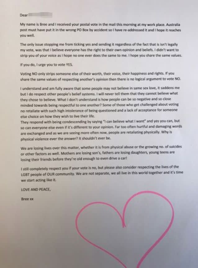 Bree, from Perth, wrote a heartfelt note to the man. Picture: Supplied to Yahoo7