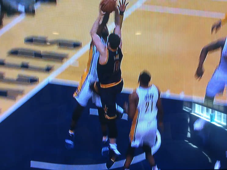 Paul George’s groin, meet Kevin Love’s knee. (ABC screenshot)