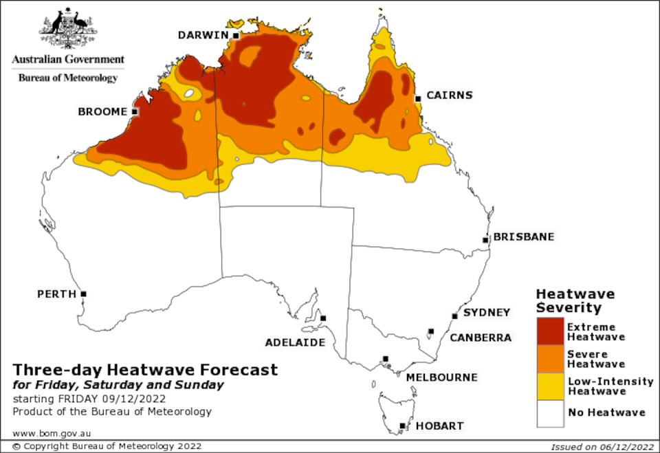 The Bureau of Meteorology is forecasting extreme heatwave conditions to persist through the weekend across parts of Western Australia, Northern Territory and Queensland. Bureau of Meteorology