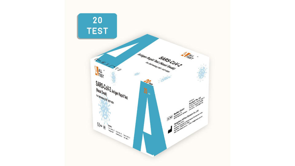 A product image of Alltest COVID-19 ART Antigen Rapid Test Kit (20 tests/box). 