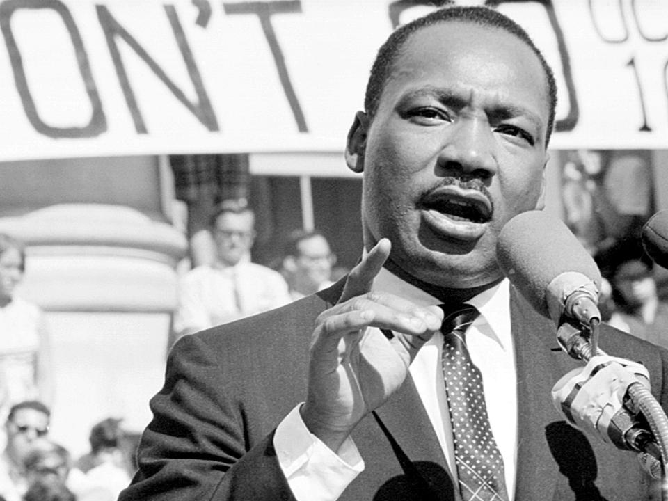 Martin Luther King Jr. delivering a speech at UC Berkeley's Sproul Plaza in 1967.