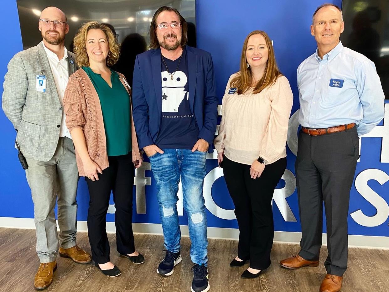 (From left) Boyd Logan, superintendent of the Future School; 
Allison Montiel, principle of the Future School; 
Brandon Goldsmith, president of the River Valley Film Society board of directors; Jennifer Caldwell, vice president/marketing manager of Arvest Bank Fort Smith; and Roger Holroyd, president of Arvest Bank in the Fort Smith and River Valley region.