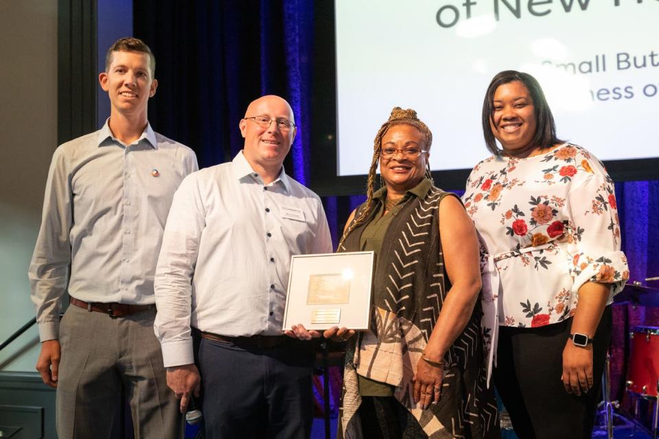 The Chamber Collaborative of Greater Portsmouth's Small but Mighty Business of the Year Award was given by Shane Brewer and Latonya Wallace of First Seacoast Bank to the Black Heritage Trail of New Hampshire, represented by JerriAnne Boggis Thursday, Aug. 4, 2022.