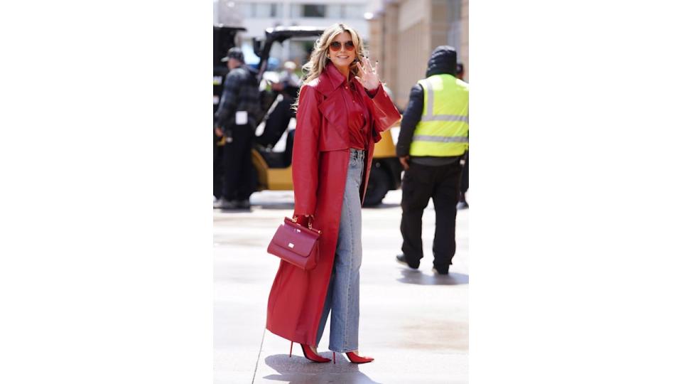 heidi klum red leather coat in los angeles