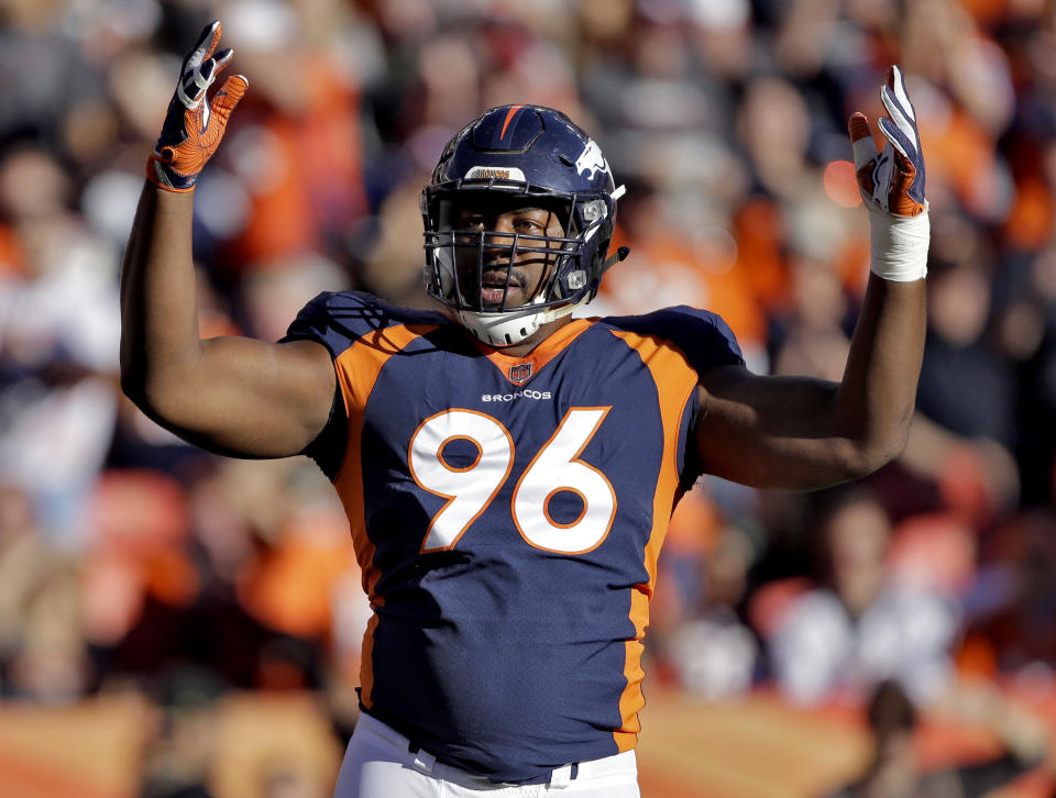 Denver Broncos defensive end Shelby Harris (96) had some views on masks during the coronavirus and kids using them. (AP Photo/Jack Dempsey)