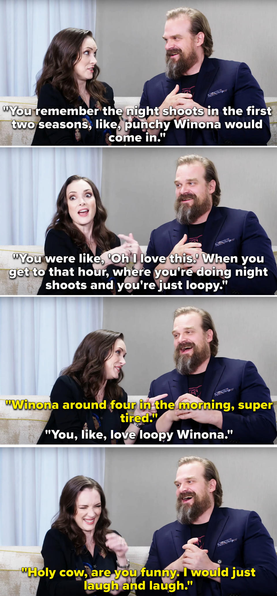 Winona explaining that she gets punchy early in the morning, and David explaining that it always made him laugh