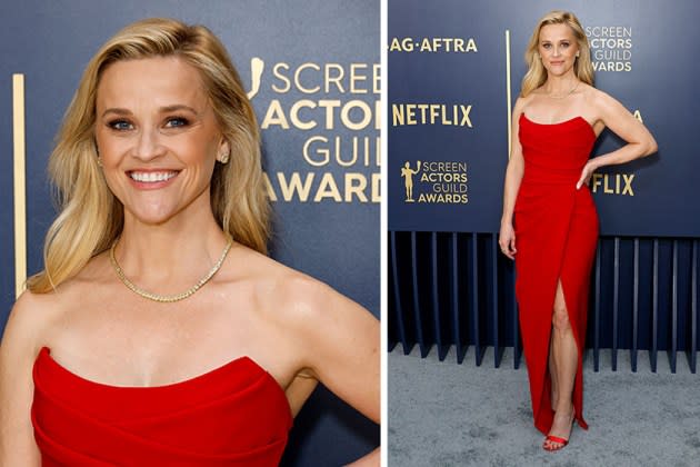Reese Witherspoon Goes Strapless in Vermilion Red Elie Saab Couture Dress  for SAG Awards 2024 Red Carpet