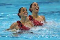 LONDON, ENGLAND - AUGUST 07: Ballestero Carbonell and Andrea Fuentes Fache of Spain compete in the Women's Duets Synchronised Swimming Free Routine Final on Day 11 of the London 2012 Olympic Games at the Aquatics Centre on August 7, 2012 in London, England. (Photo by Clive Rose/Getty Images)