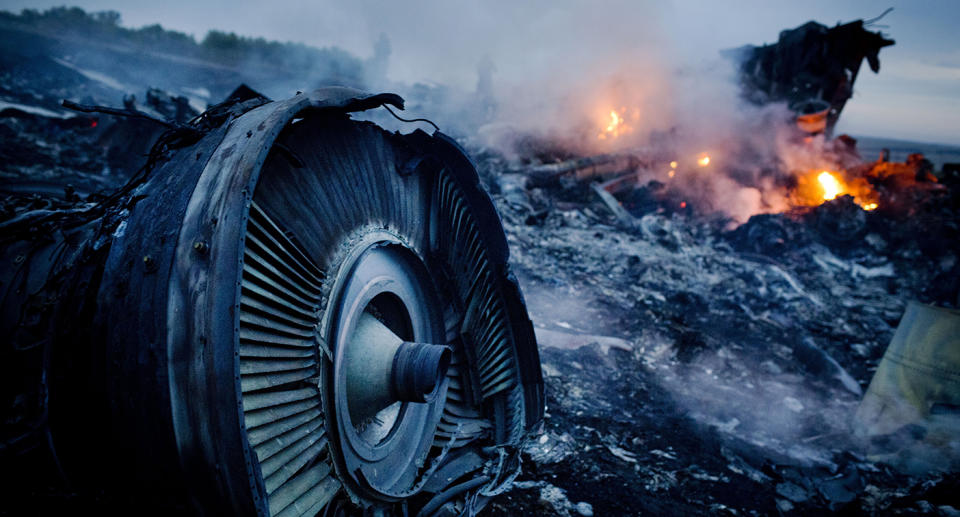 Debris from Malaysia Airlines Flight 17 is shown smouldering in a field.