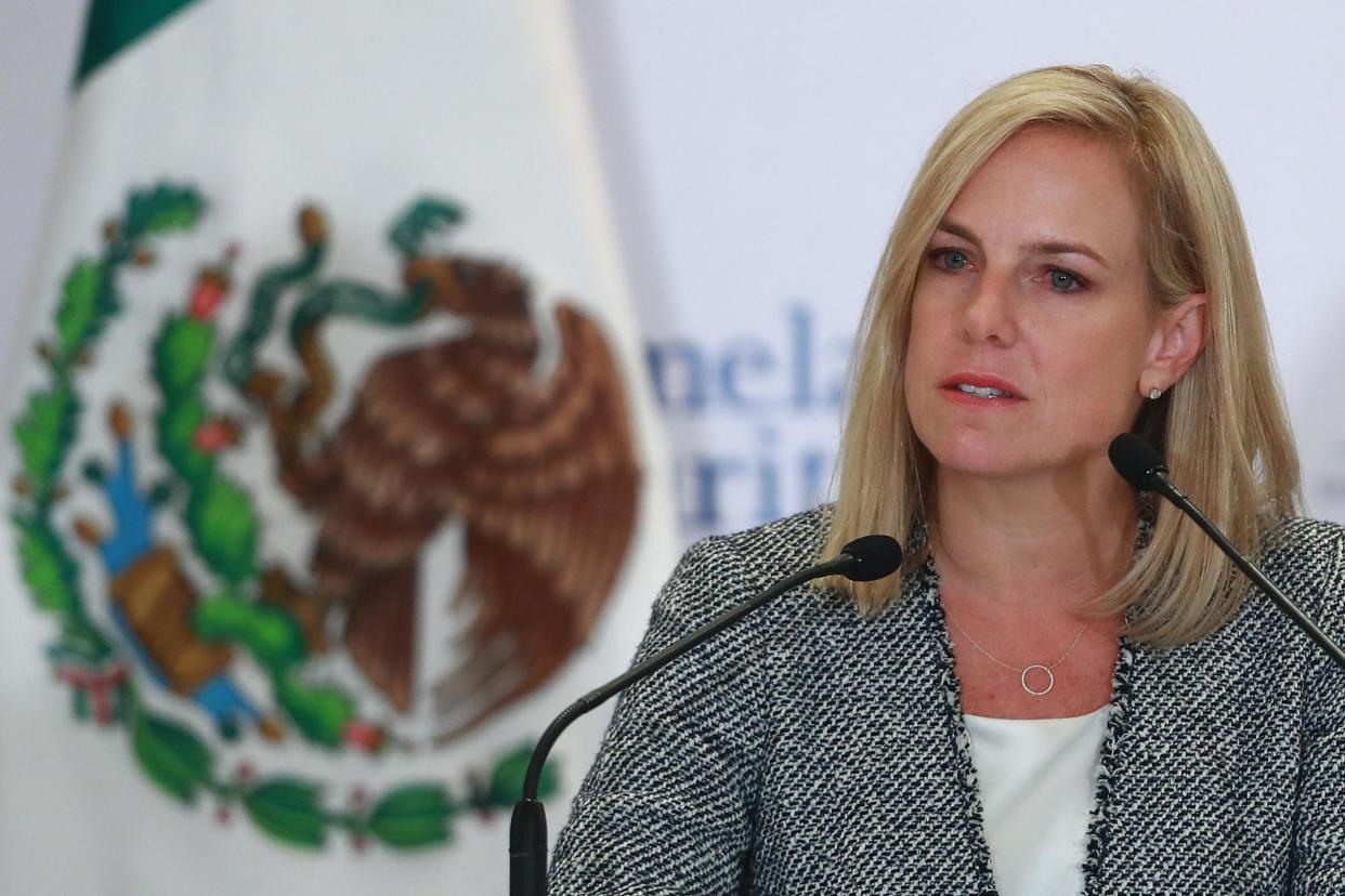 Homeland Security Secretary Kirstjen Nielsen looks on during a press conference at the Mexican Government Office: Hector Vivas/Getty Images