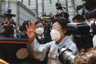 Former South Korean comfort woman Lee Yong-soo speaks before leaving the Seoul Central District Court in Seoul, South Korea, Wednesday, April 21, 2021. A South Korean court on Wednesday rejected a claim by South Korean sexual slavery victims and their relatives who sought compensation from the Japanese government over their wartime sufferings. (AP Photo/Ahn Young-joon)