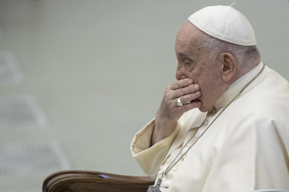 Pope Francis meets the members of the 2023 World Youth Day organizing committee, in the Pope Paul VI hall at the Vatican, Thursday, Nov. 30, 2023. (AP Photo/Andrew Medichini)