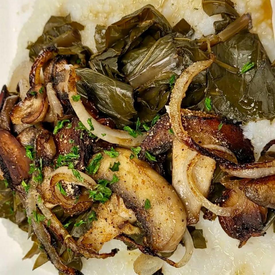 A vegan platter with collards and grilled mushrooms at Spice and Gravy Southern Eatery in Arlington.