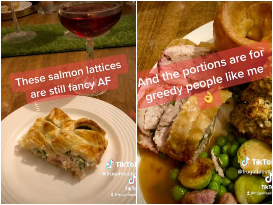 There is a salmon lattice starter and a full roast dinner as a main. (TikTok/@frugalfeasting)