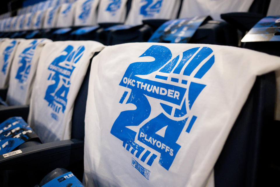 Shirts are laid out on the seats before the first game in the first round of the NBA playoffs between the Oklahoma City Thunder and the New Orleans Pelicans at the Paycom Center in Oklahoma City, on Sunday, April 21, 2024.
