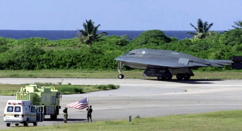 FILE PHOTO: A U.S. B-2 Spirit bomber, part of the 509th Bomb Wing at Whiteman Air Force Base in Missouri stops for refuelling at the U.S. military base on Diego Garcia