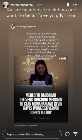 <p>Meredith Gaudreau/Instagram</p> Meredith Gaudreau thanked Jimmy Hayes' widow Kristen for her support