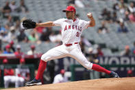 Los Angeles Angels starting pitcher Tyler Anderson throws during the first inning of a baseball game against the Baltimore Orioles in Anaheim, Calif., Wednesday, April 24, 2024. (AP Photo/Ashley Landis)