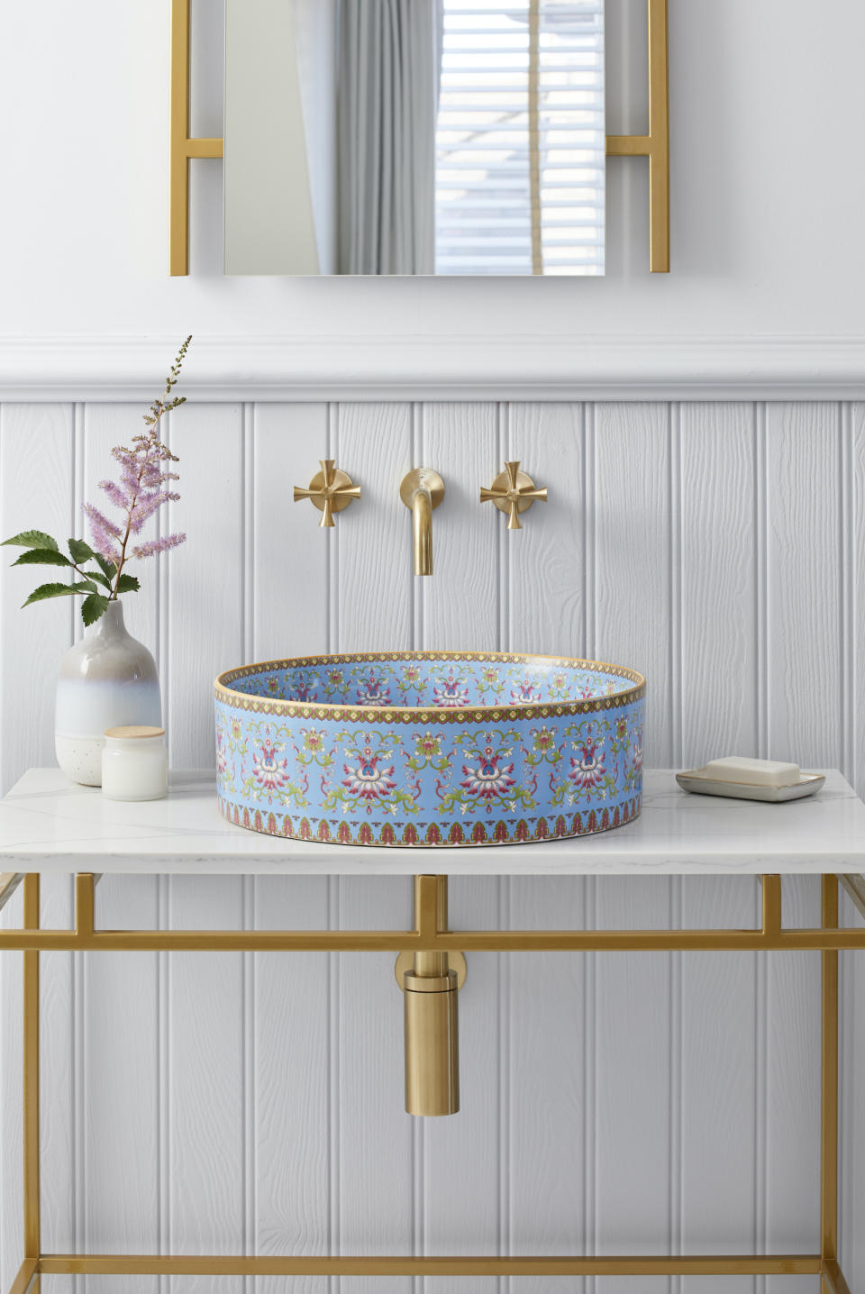 <p> A decorative basin will add a unique touch to your country bathroom ideas, especially when complemented with elegant brushed brass faucets and metalwork. </p> <p> 'Bold, vibrant and full of character, our Blue Marnie basin is well suited to country style interiors,' says Anna Callis, Founder and Designer, London Basin Company. 'Its joyful color palette of pinks, blues and greens is inspired by the natural world, helping to bring a sense of the outdoors. And its delicate floral pattern brings a botanical feel to the design.' </p>