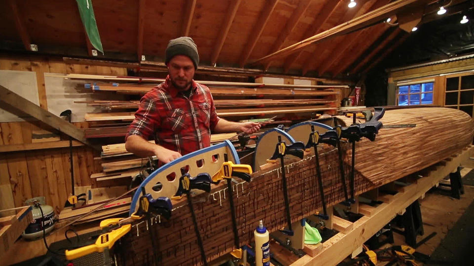 Trent Preszler uses his father's tools to build bespoke canoes.  / Credit: Randee Post Daddona