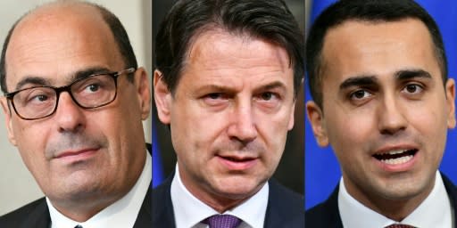 The leader of Italy's Democratic Party Nicola Zingaretti, Italian Prime Minister Giuseppe Conte and deputy PM Luigi Di Maio