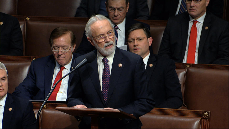 FILE - In this Dec. 18, 2019, file photo, Rep. Dan Newhouse, R-Wash., speaks as the House of Representatives debates the articles of impeachment against President Donald Trump at the Capitol in Washington. Three Republican U.S. House members who voted to impeach Donald Trump over the Jan. 6 insurrection are being challenged in Tuesday’s primary elections by rivals endorsed by the former president. (House Television via AP, File)