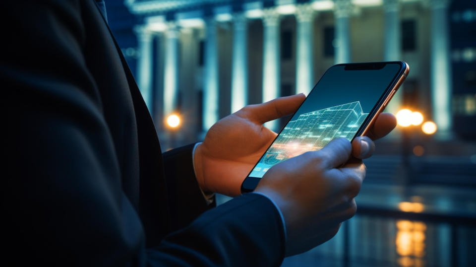 A person holding their smartphone, utilizing the company's digital banking services from anywhere.