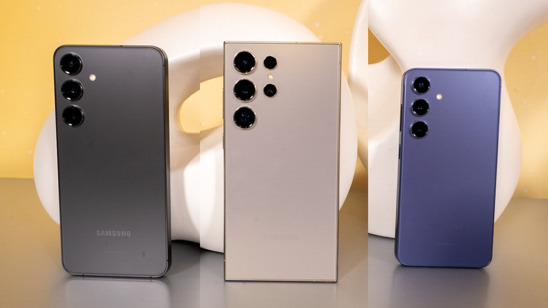 From left to right: the Galaxy S24+ in Onyx Black, the Galaxy S24 Ultra in Titanium Gray, and the Galaxy S24 in Cobalt Violet. - Photo: Florence Ion / Gizmodo