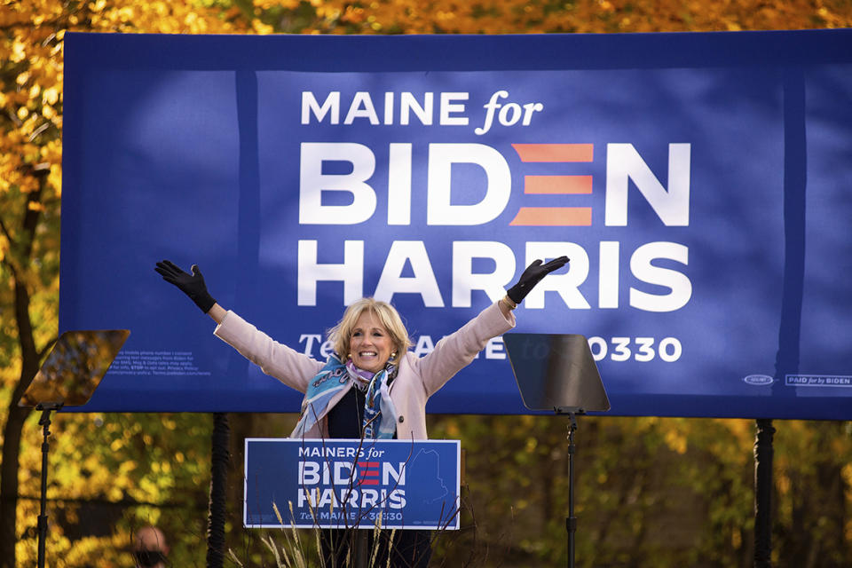 Jill Biden visits Bangor, Maine, to headline a socially distanced Get Out the Vote rally at the Thomas Hill Standpipe on Tuesday, Oct. 27, 2020. Also at the event were Governor Janet Mills and House Speaker Sara Gideon. (Linda Coan O'Kresik/The Bangor Daily News via AP)