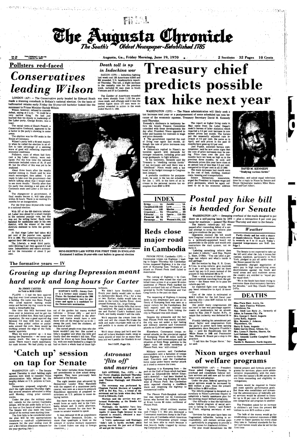 The front page of the Augusta Chronicle on June 19, 1970, when Jimmy Carter told the story of growing up during the Great Depressions in Plains, GA.