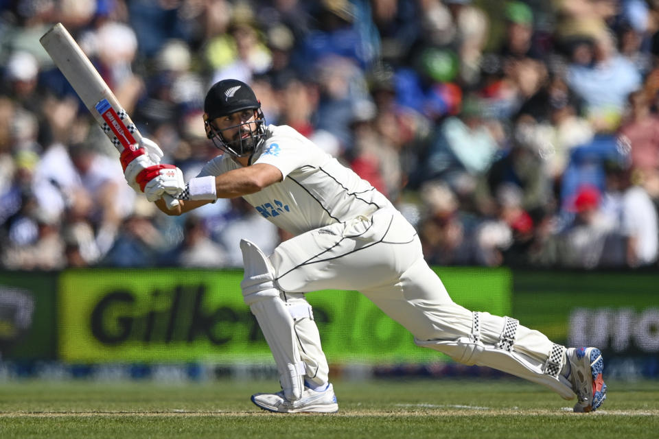 New Zealand's Daryl Mitchell bats on day three of the second cricket test between New Zealand and Australia in Christchurch, New Zealand, Sunday, March 10, 2024. (John Davidson/Photosport via AP)