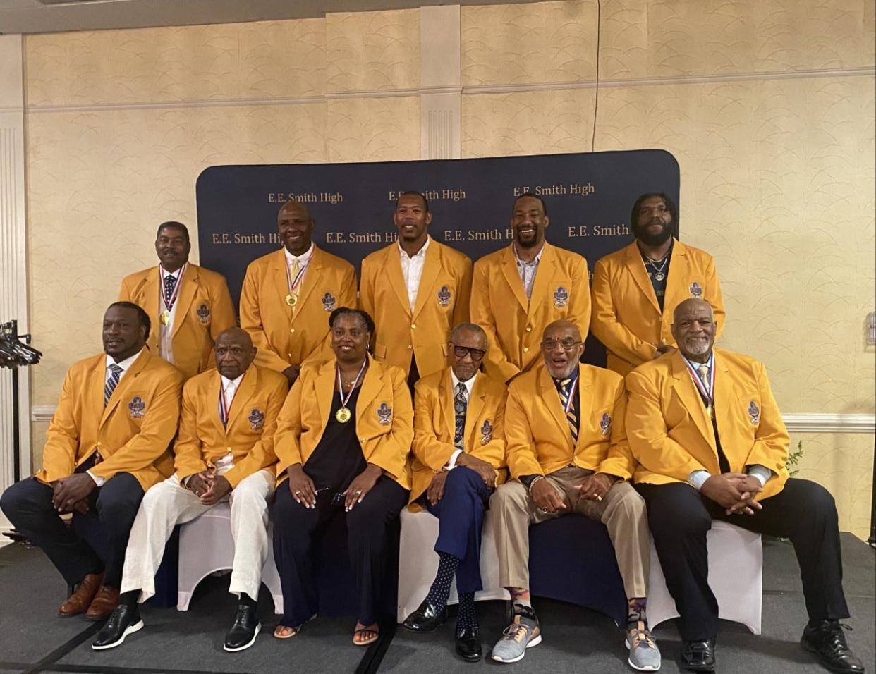 Eleven inductees of E.E. Smith High School's inaugural induction ceremony for the Sports Hall of Fame are pictured from top left to right: Roy McNeil, Brian Bullock, Joey Evans, Aaron Curry and Demarcus Tyler. Bottom left to right: Jason Hunter, Jimmy Raye, LaTanya Hardy, Bishop Harris, Joe Harris and Larry Tearry